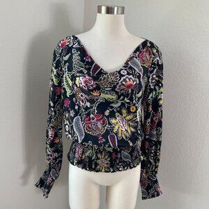 Cinq a Sept Womens Medium Floral 100% Silk Blouse Smocked Cuff Long Sleeve Shirt